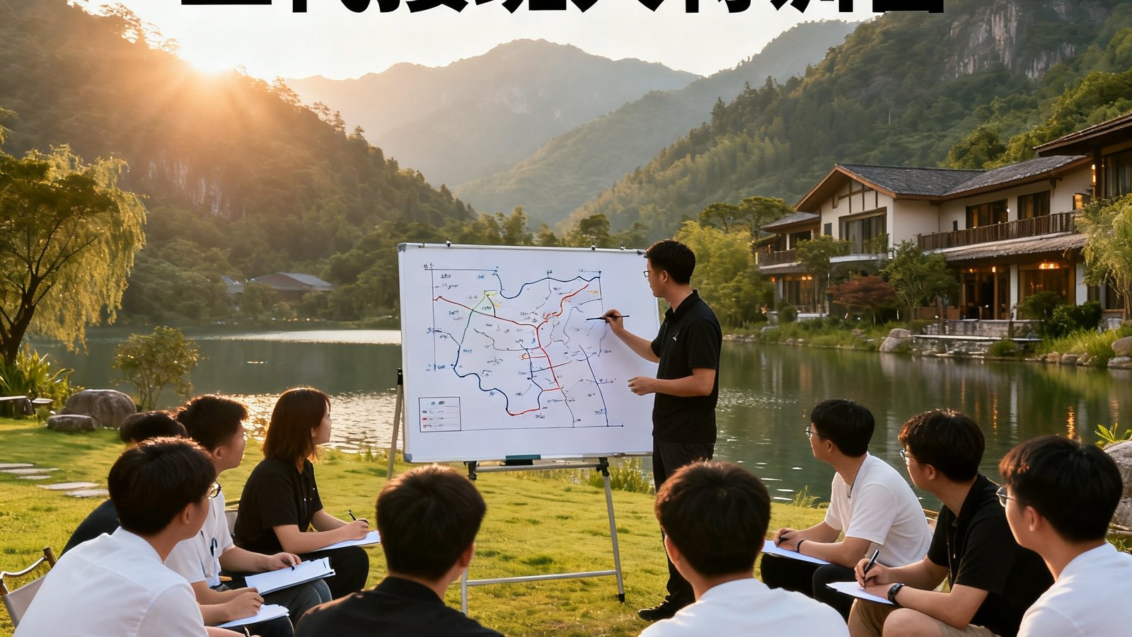 二代接班人特训营活动，年轻的企业接班人们在户外拓展训练中分组讨论，背景是青山绿水的度假村，教练正在白板上绘制战略地图。